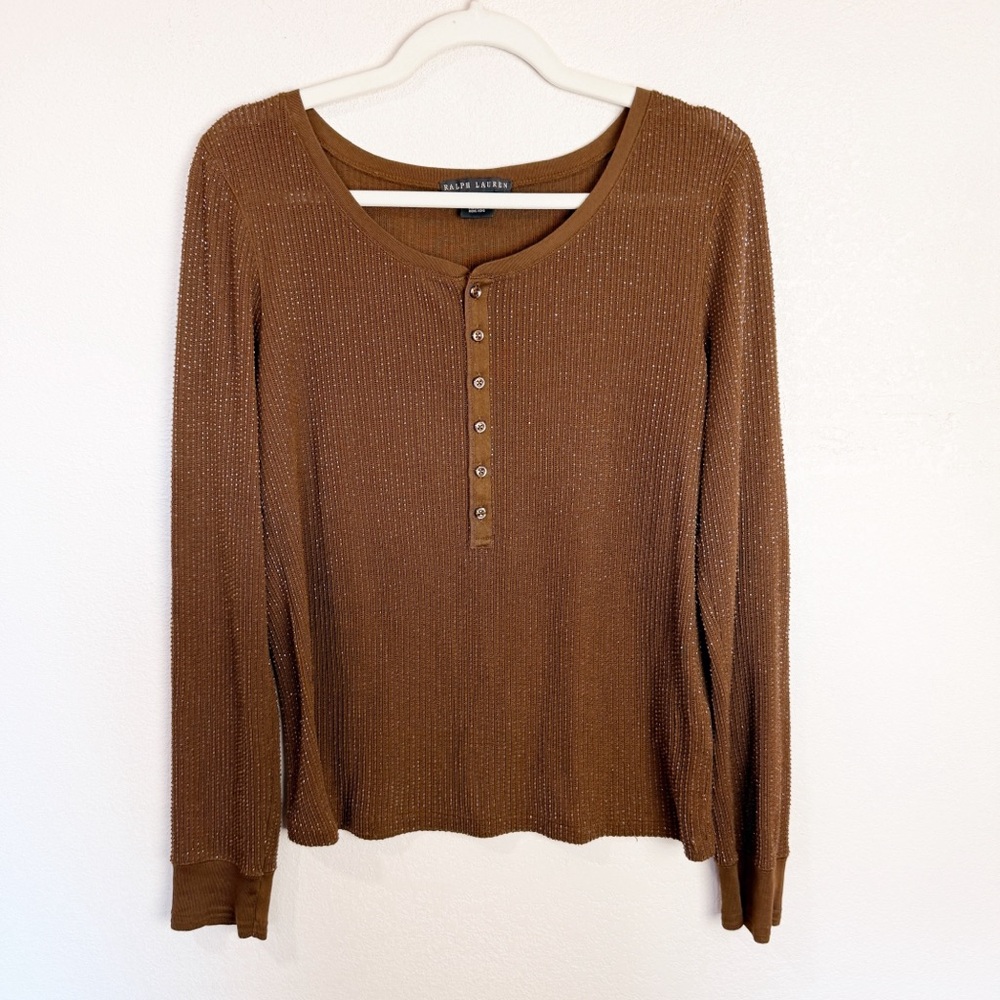 Ralph Lauren Shimmer Beaded Brown Henley Long Sleeve Top Knit Front Knit Preppy